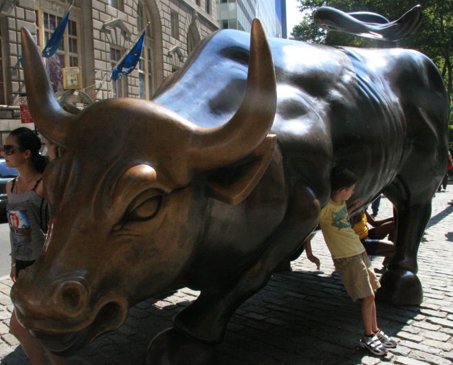 Bull statue on Broadway at Bowling Green, in the heart of Downtown Manhattan's Financial District