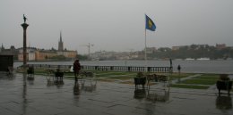 View from the steps of Stockholm City Hall in the pouring rain