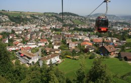 Gondola ascending Mount Pilatus outside Lucerne, Switzerland