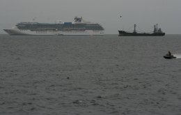 The Island Princess anchored off the coast of Panama City, Panama