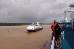 Passing Holland America's Statendam in the Panama Canal