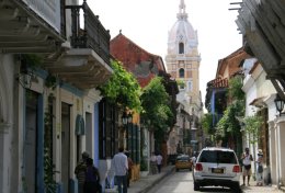 The narrow streets and colonial architecture in the old town of Cartagena, Colombia
