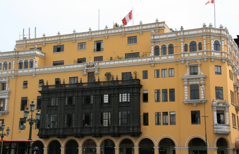 One of the buildings surrounding Plaza Mayor in Lima, Peru