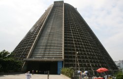 The cone-shaped Metropolitan Cathedral is located in downtown Rio