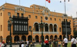 One of the buildings surrounding Plaza Mayor in Lima, Peru