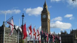 Big Ben (Elizabeth Tower) behind Parliament Square in London, England